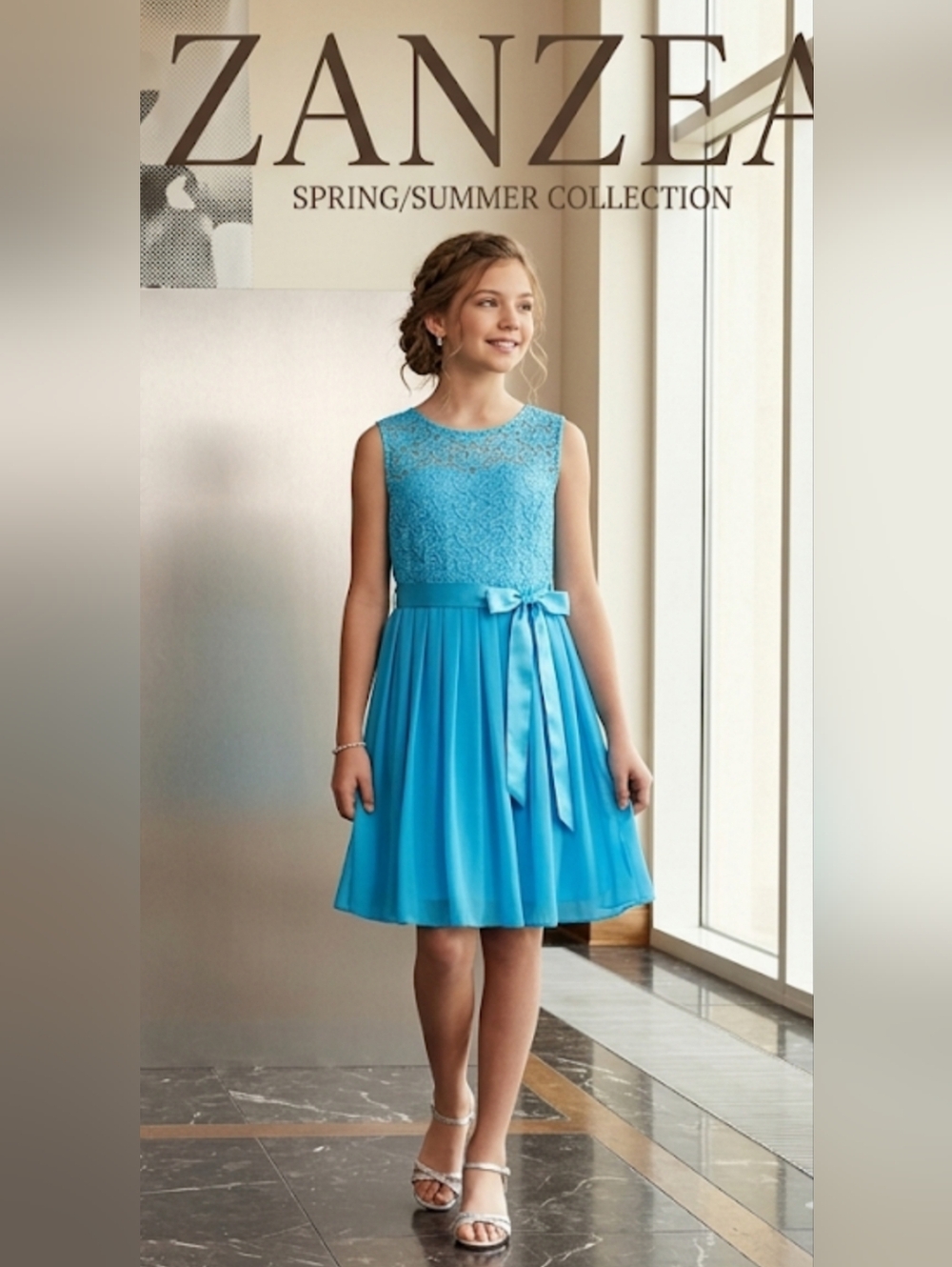 Zanzea Teal Lace Bodice Chiffon Dress with Satin Sash